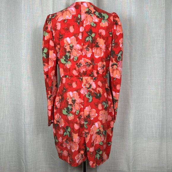 Floral Babydoll Mini Dress Womens M Red Green Puff Sleeves Holiday Christmas - Picture 3 of 8